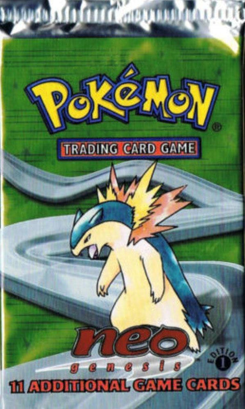 A sealed Pokemon 1st Edition Neo Genesis booster pack featuring Typhlosion on the front.