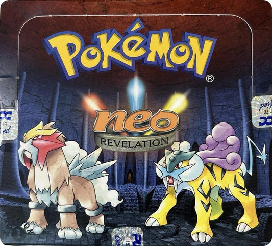 A sealed Pokemon Neo Revelation booster box featuring Entei and Raikou on the cover.