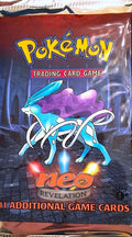 A sealed first edition Pokemon Neo Revelation booster pack featuring Suicune artwork.