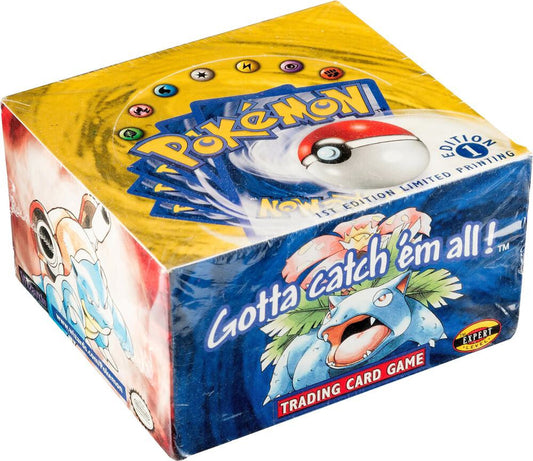 A factory-sealed Pokemon 1st Edition Shadowless trading card game booster box.