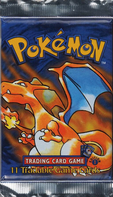 A sealed Pokemon 1st Edition Shadowless booster pack featuring Charizard artwork.