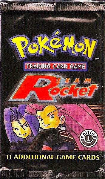 A sealed 1st Edition Pokemon Team Rocket booster pack featuring Jessie and James.