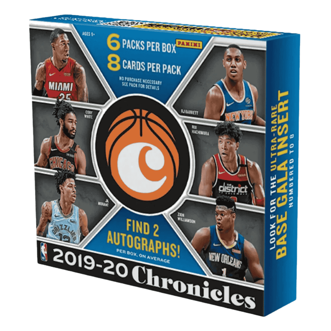 A 2019-20 Panini Chronicles basketball hobby box featuring images of various NBA players.