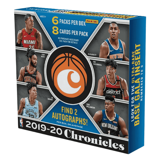 A 2019-20 Panini Chronicles basketball hobby box featuring images of various NBA players.
