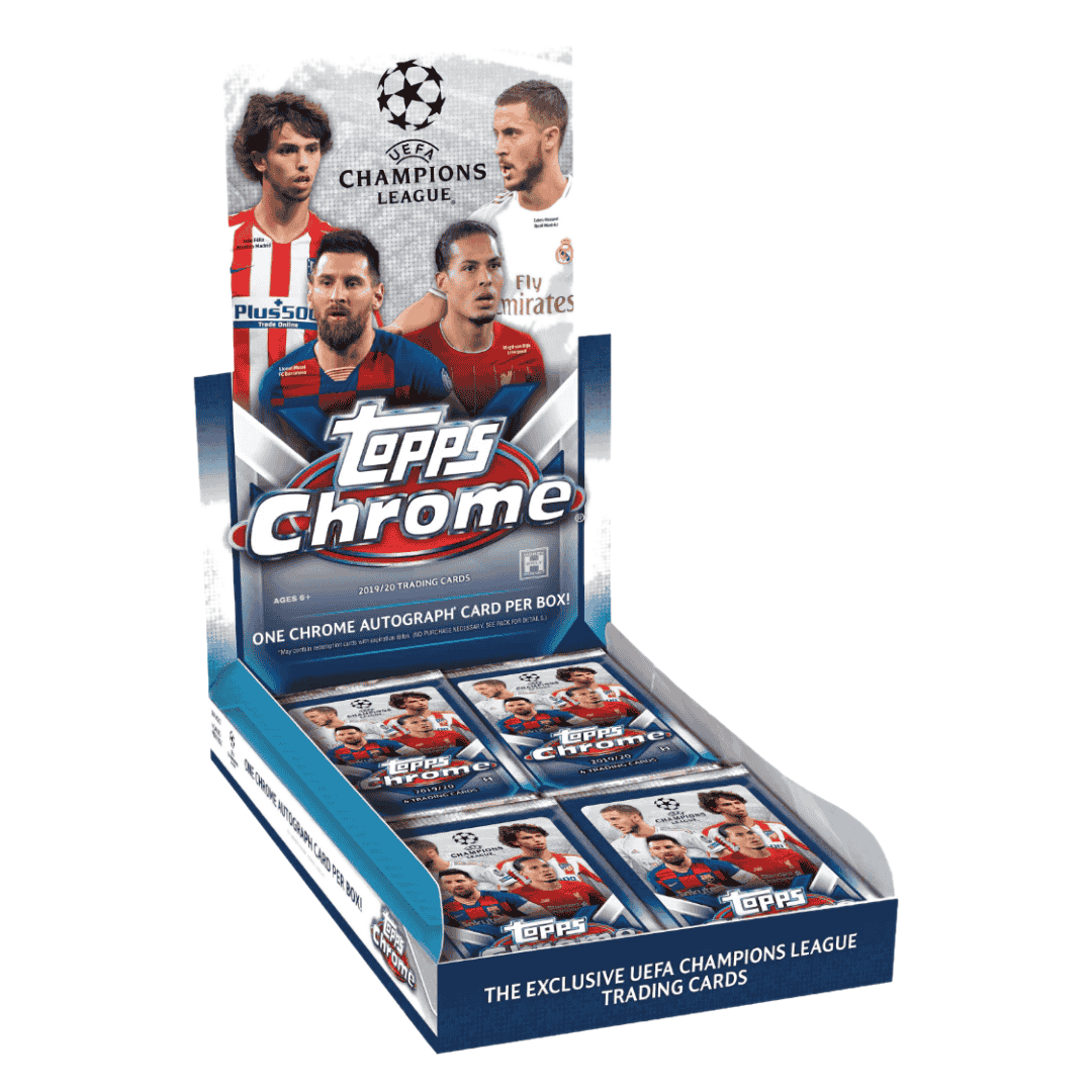 A 2019-20 Topps UEFA Champions League Chrome soccer hobby box containing multiple trading card packs.