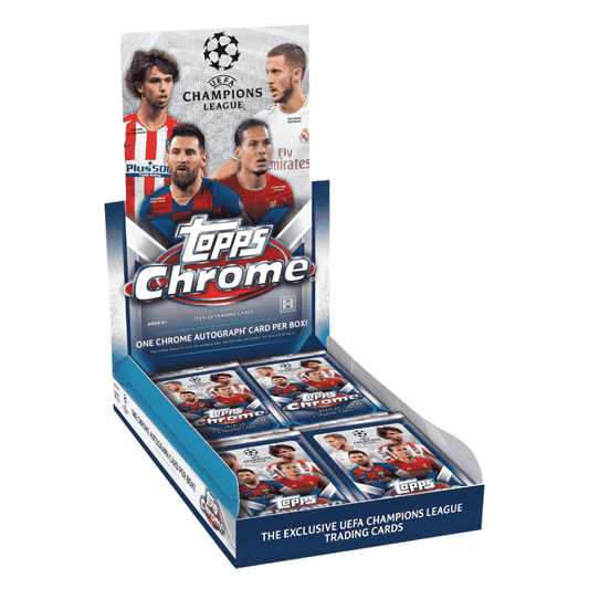 A 2019-20 Topps UEFA Champions League Chrome soccer hobby box containing multiple trading card packs.