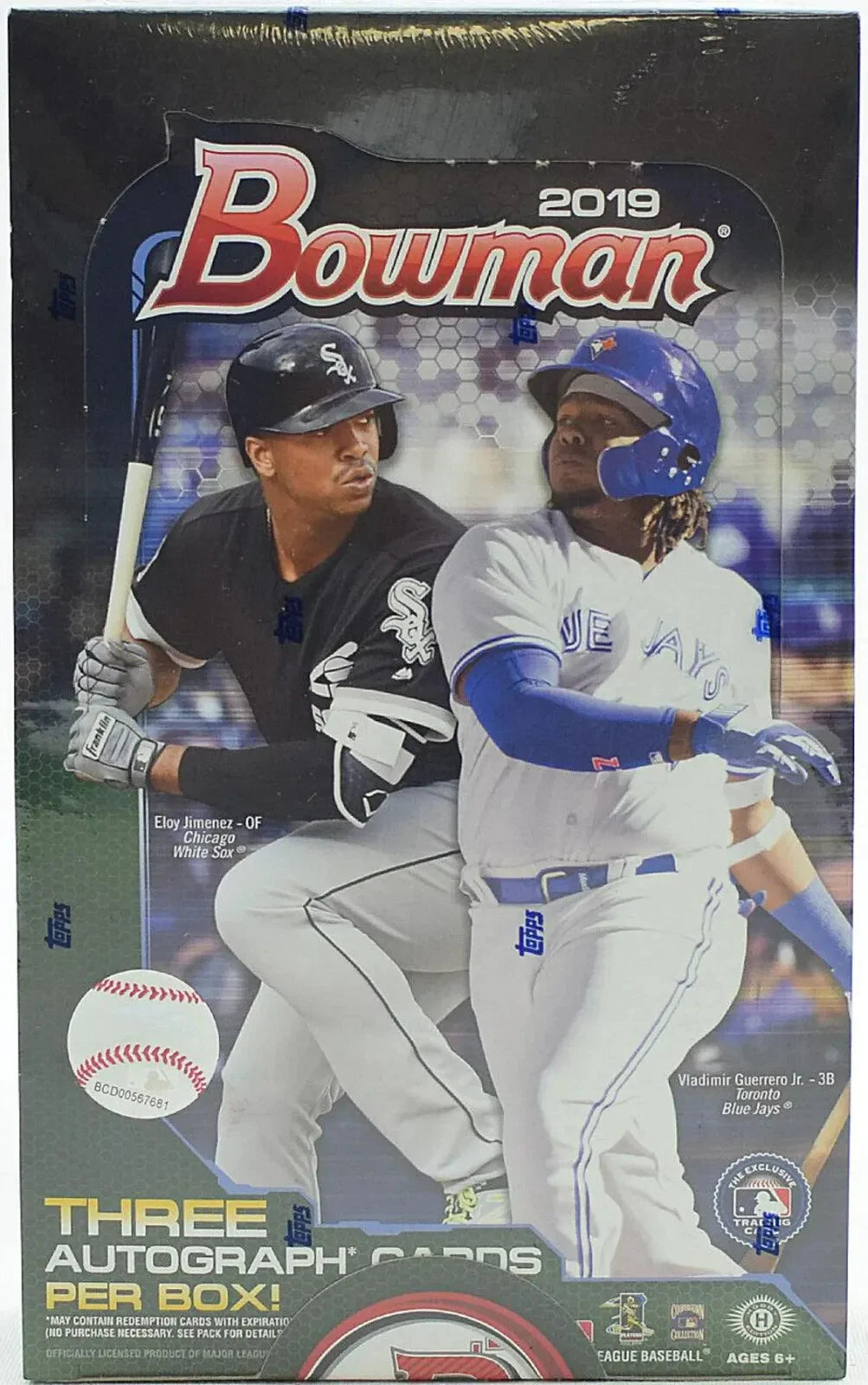A 2019 Bowman Baseball HTA Jumbo hobby box featuring Eloy Jimenez and Vladimir Guerrero Jr.