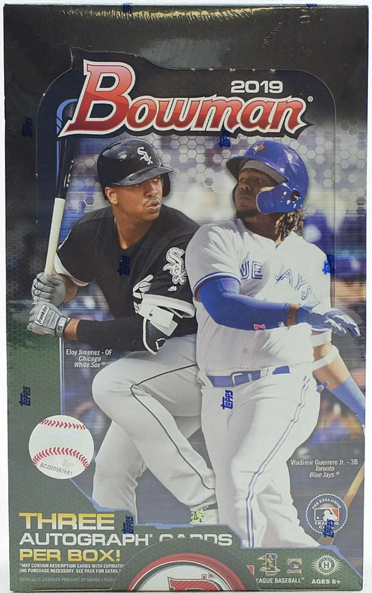 A 2019 Bowman Baseball HTA Jumbo hobby box featuring Eloy Jimenez and Vladimir Guerrero Jr.