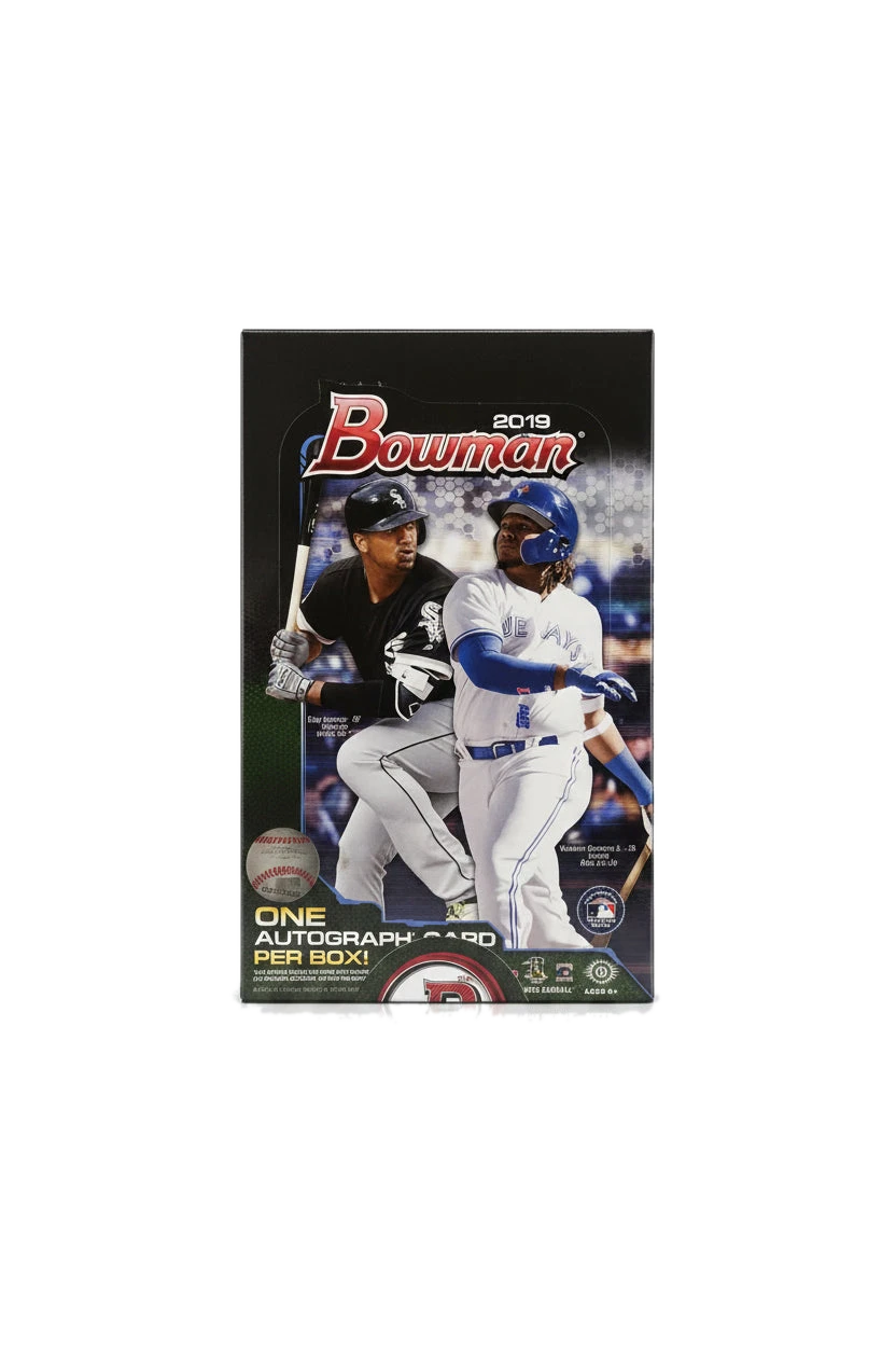 A 2019 Bowman Baseball hobby box featuring Eloy Jimenez and Vladimir Guerrero Jr. on the cover.