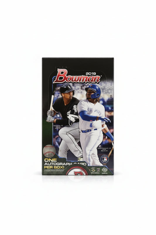 A 2019 Bowman Baseball hobby box featuring Eloy Jimenez and Vladimir Guerrero Jr. on the cover.