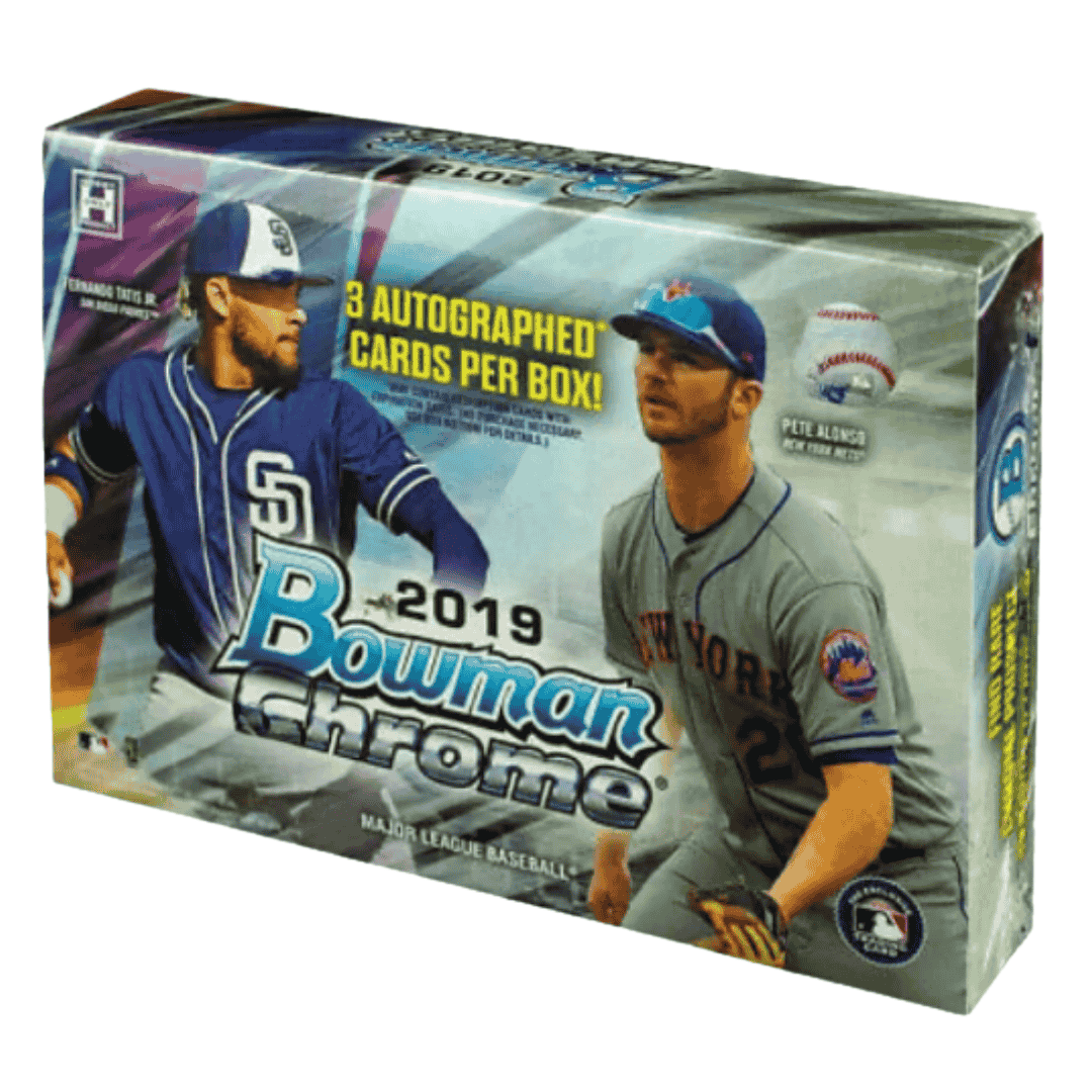 A 2019 Bowman Chrome Baseball HTA Choice hobby box featuring Fernando Tatis Jr. and Pete Alonso.