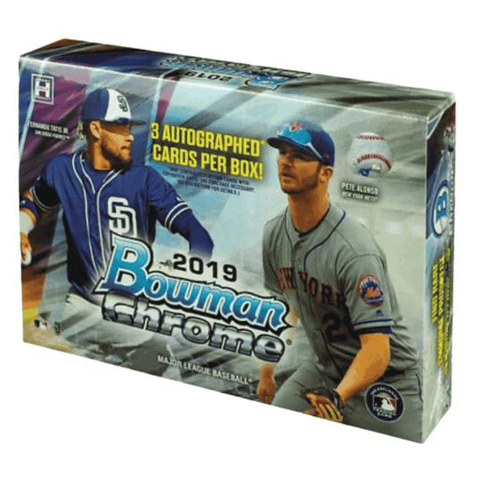 A 2019 Bowman Chrome Baseball HTA Choice hobby box featuring Fernando Tatis Jr. and Pete Alonso.