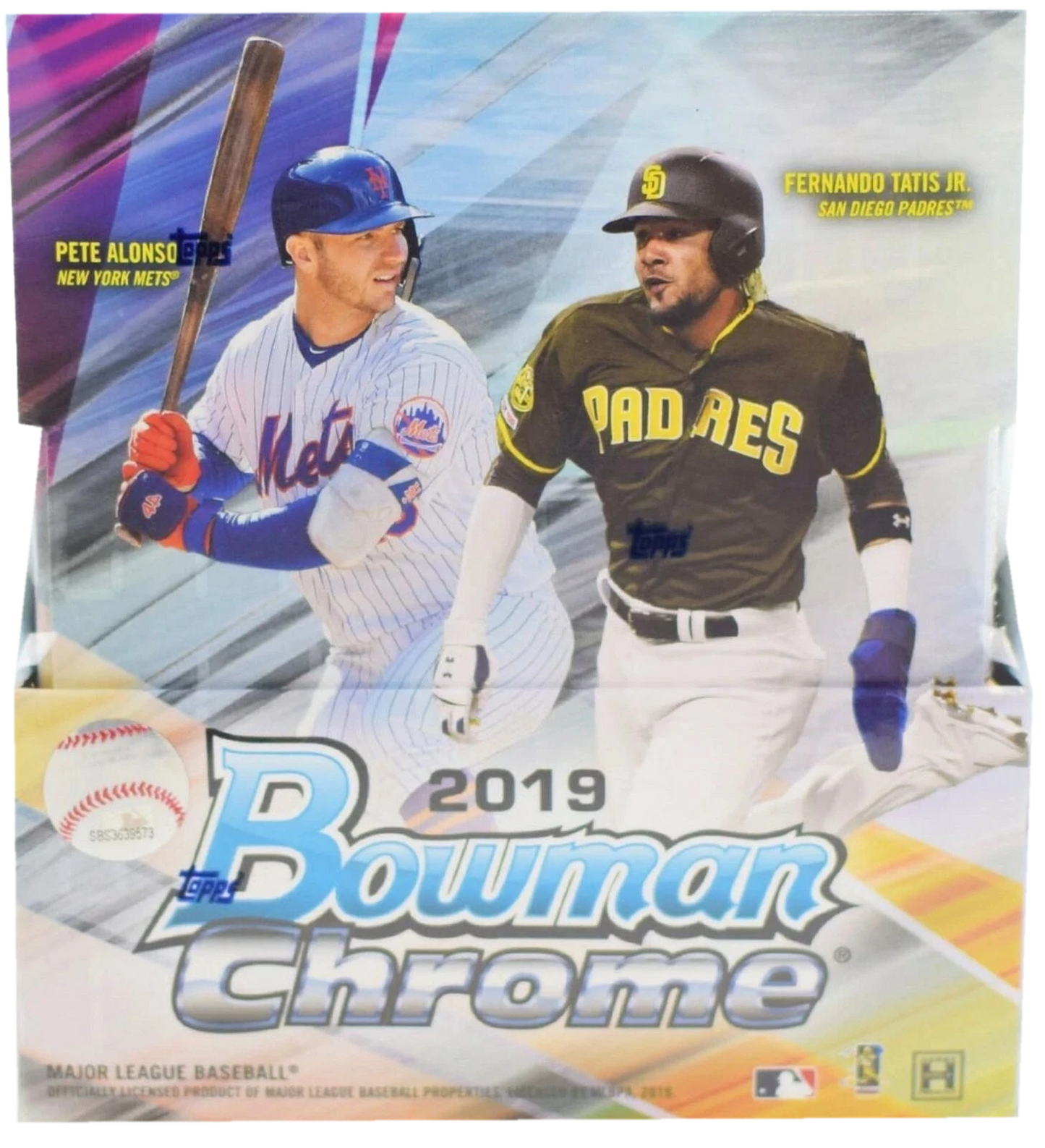 A 2019 Bowman Chrome Baseball hobby box featuring Pete Alonso and Fernando Tatis Jr. on the front.