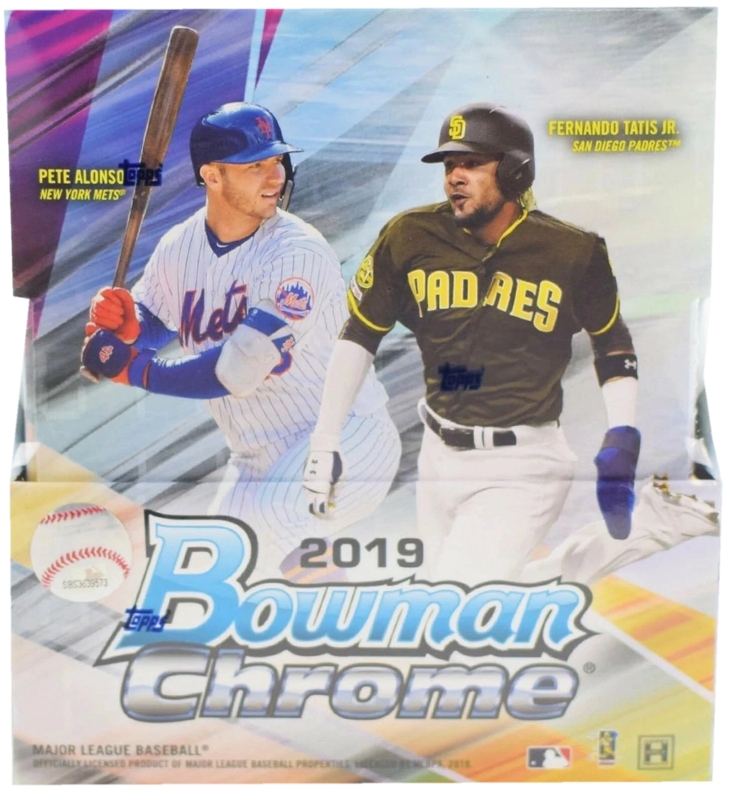 A 2019 Bowman Chrome Baseball hobby box featuring Pete Alonso and Fernando Tatis Jr. on the front.