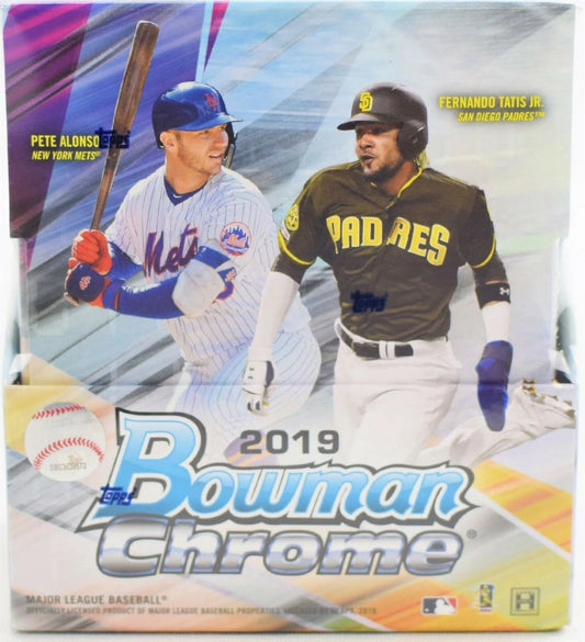 A 2019 Bowman Chrome Baseball hobby box featuring Pete Alonso and Fernando Tatis Jr. on the front.