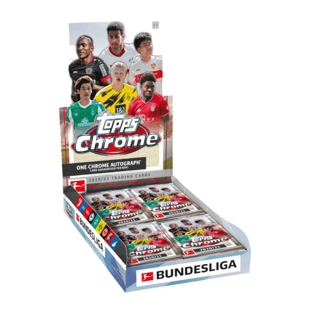A 2020-21 Topps Chrome Bundesliga soccer hobby box featuring player imagery and pack contents.