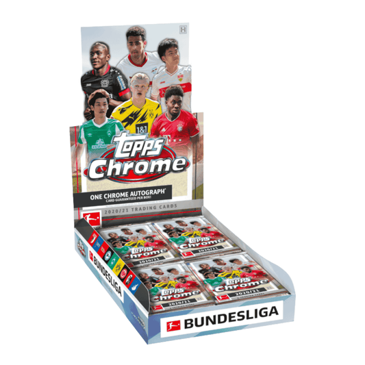 A 2020-21 Topps Chrome Bundesliga soccer hobby box featuring player imagery and pack contents.