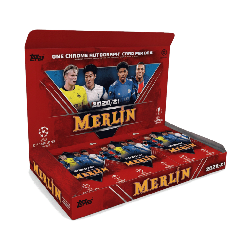 A 2020-21 Topps Merlin Chrome soccer hobby box featuring a red design and player imagery.