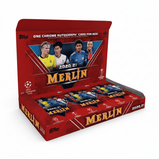 A 2020-21 Topps Merlin Chrome soccer hobby box featuring a red design and player imagery.