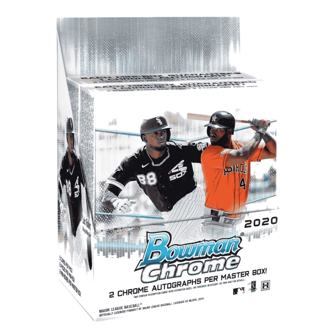 A 2020 Bowman Chrome baseball hobby box featuring Luis Robert and Yordan Alvarez on the front.