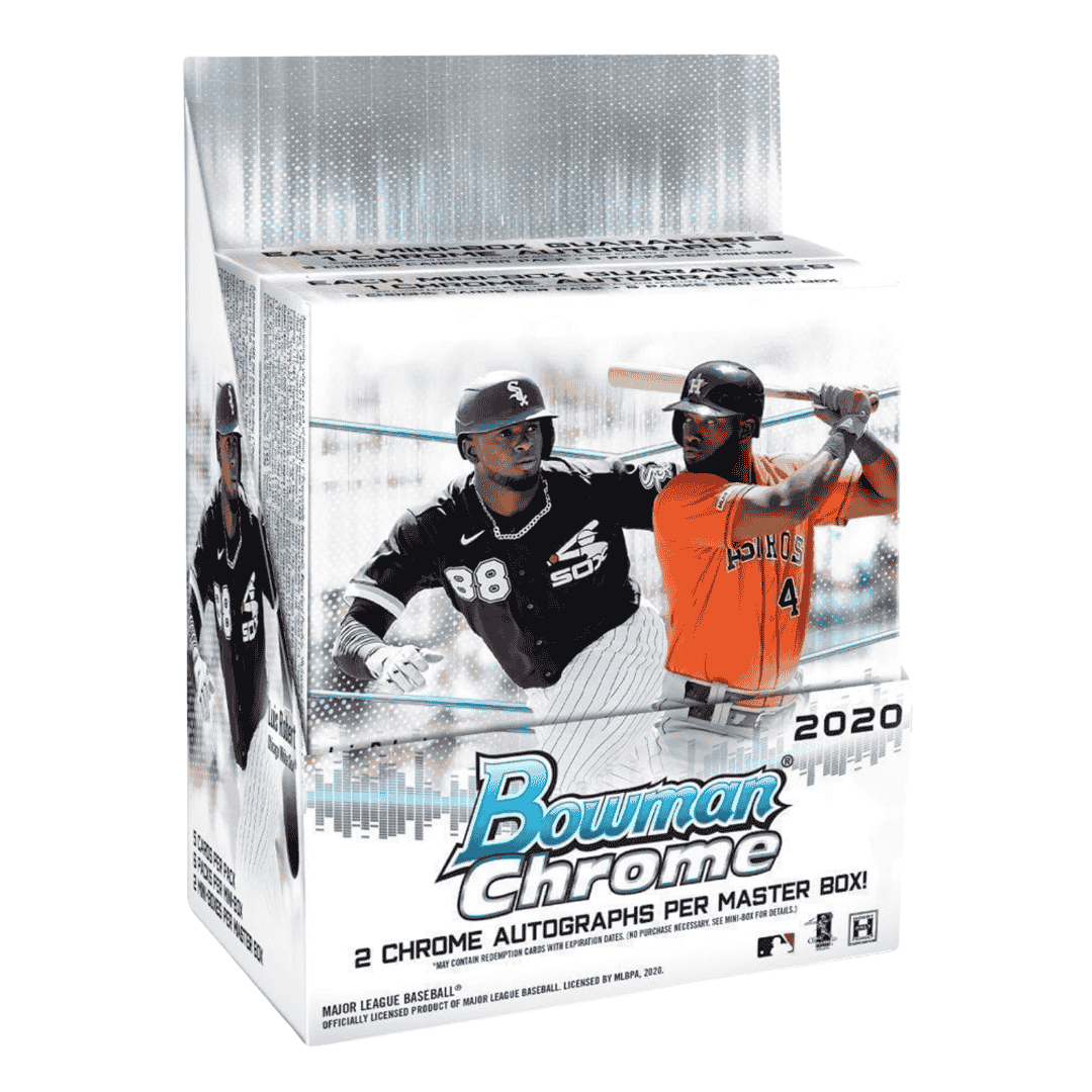 A 2020 Bowman Chrome baseball hobby box featuring Luis Robert and Yordan Alvarez on the front.
