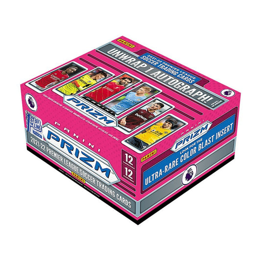 A 2021-22 Panini Prizm Premier League soccer hobby box featuring player imagery on the packaging.