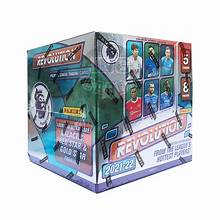 A 2021-22 Panini Revolution Soccer Asia Tmall hobby box featuring Premier League player imagery.