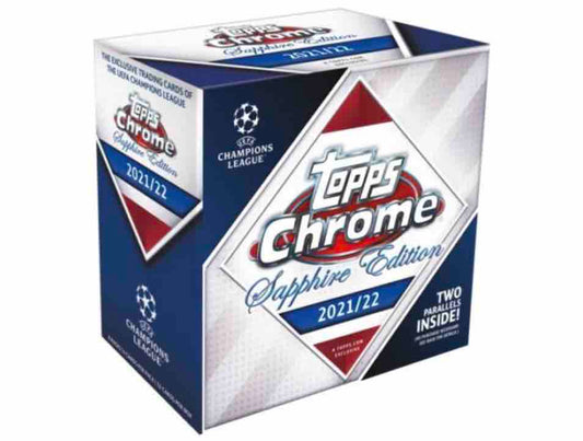 A 2021-22 Topps UEFA Champions League Chrome Sapphire Edition soccer card box.