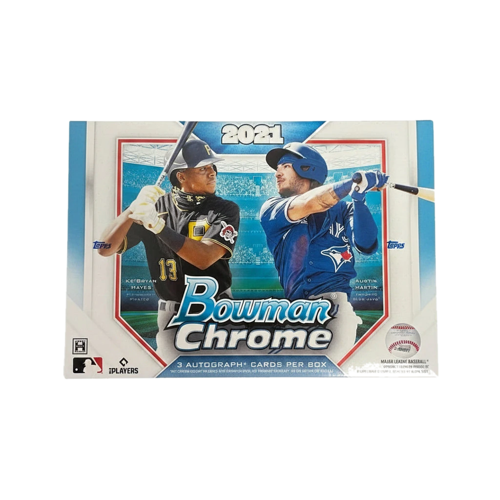 A 2021 Bowman Chrome Baseball HTA Choice hobby box featuring Ke'Bryan Hayes and Austin Martin.
