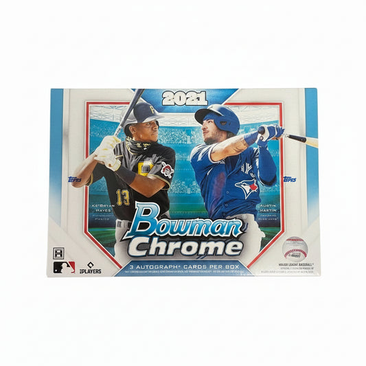 A 2021 Bowman Chrome Baseball HTA Choice hobby box featuring Ke'Bryan Hayes and Austin Martin.