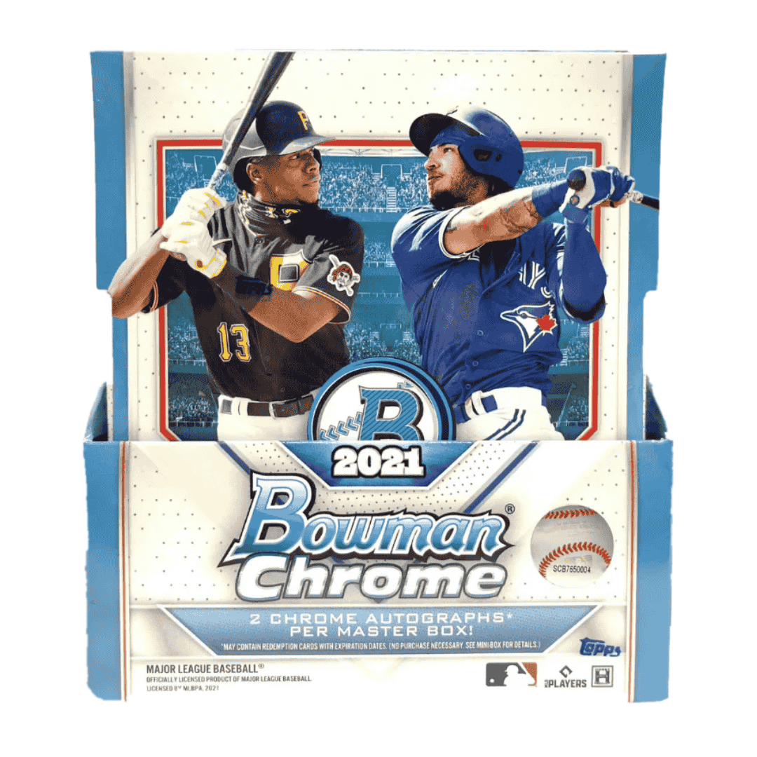 A 2021 Bowman Chrome Baseball hobby box featuring images of two professional baseball players.