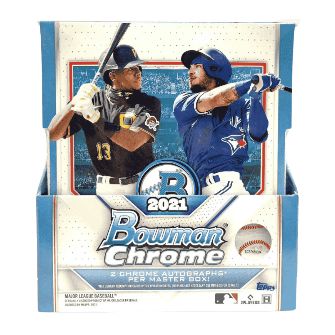 A 2021 Bowman Chrome Baseball hobby box featuring images of two professional baseball players.