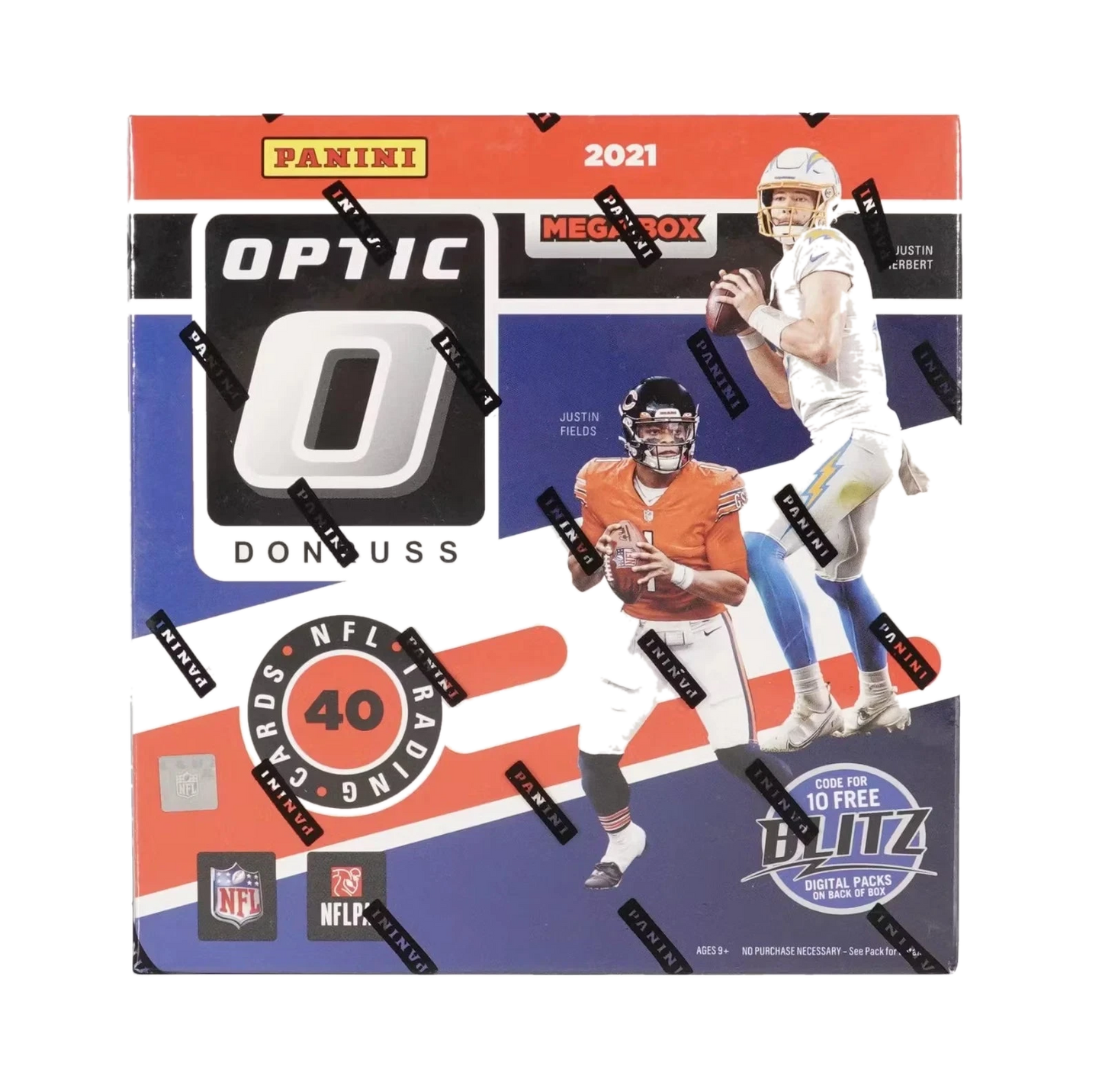 A 2021 Panini Donruss Optic Football mega box featuring Justin Herbert and Justin Fields.