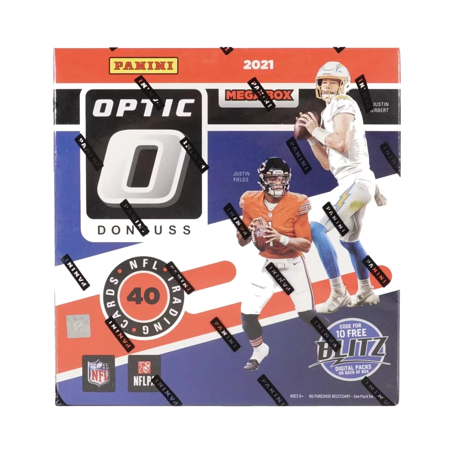 A 2021 Panini Donruss Optic Football mega box featuring Justin Herbert and Justin Fields.