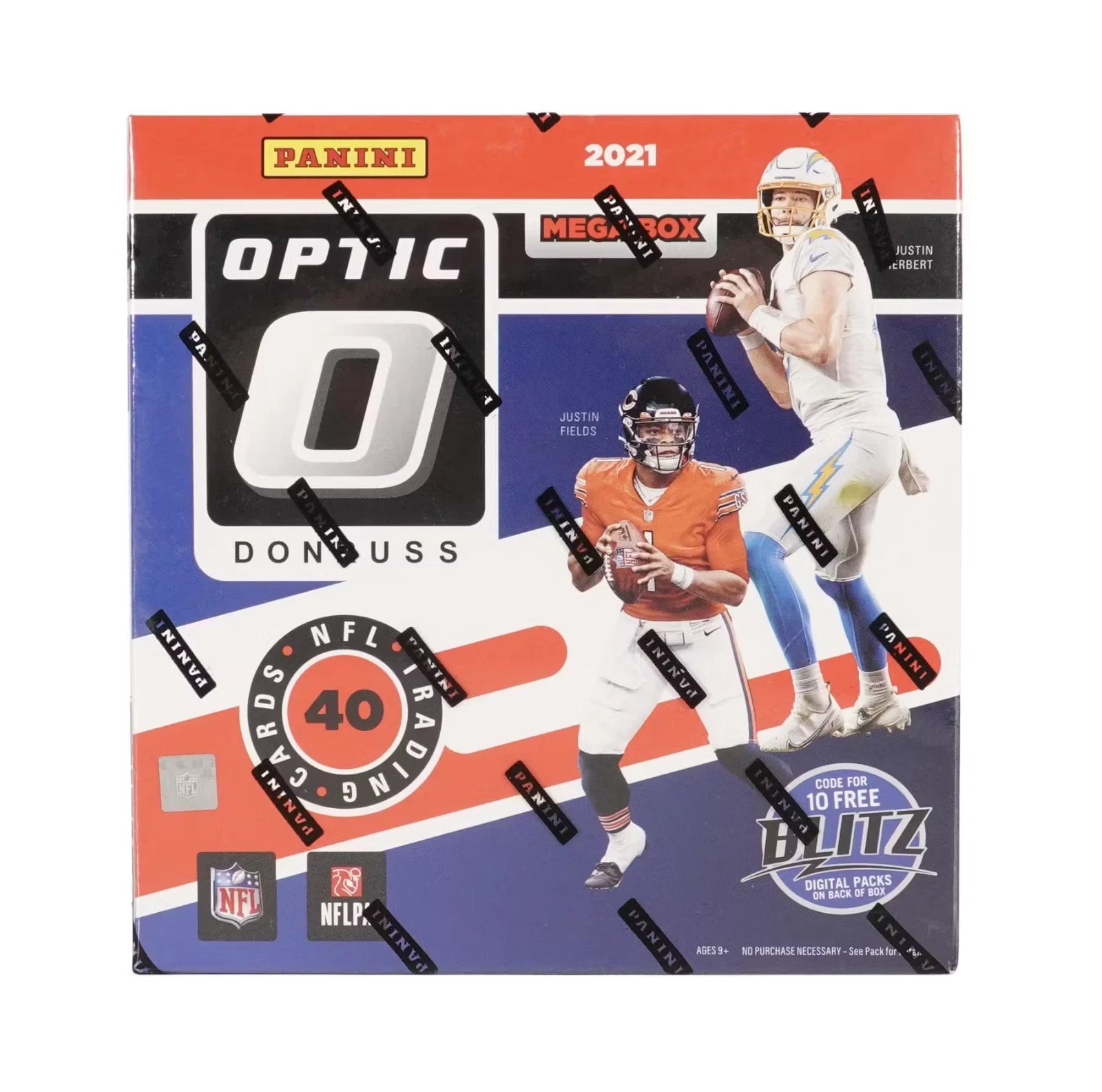 A 2021 Panini Donruss Optic Football mega box featuring Justin Herbert and Justin Fields.