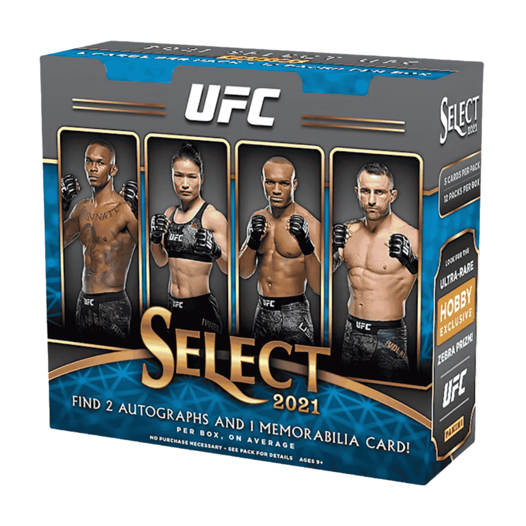 A 2021 Panini Select UFC hobby box featuring images of four fighters on the front.