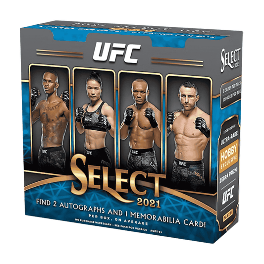 A 2021 Panini Select UFC hobby box featuring images of four fighters on the front.