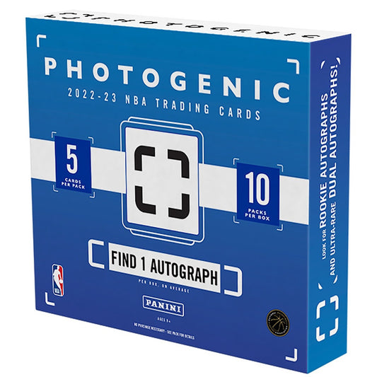 A blue 2022-23 Panini Photogenic basketball hobby box with ten packs and five cards per pack.