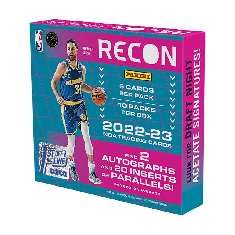 A 2022-23 Panini Recon basketball hobby box featuring Stephen Curry on the packaging.