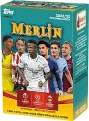 A 2022-23 Topps Merlin UEFA soccer trading card value box featuring various professional players.