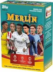 A 2022-23 Topps Merlin UEFA soccer trading card value box featuring various professional players.