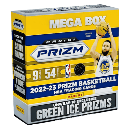 A 2022-23 Panini Prizm Basketball Mega Box featuring Stephen Curry on the packaging.