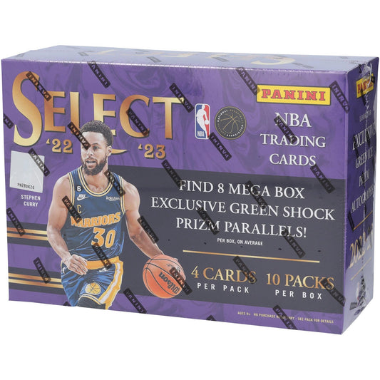 A 2022-23 Panini Select Basketball Mega Box featuring Stephen Curry on the purple packaging.