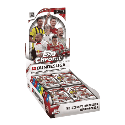 A 2022-23 Topps Chrome Bundesliga soccer hobby box containing multiple packs of trading cards.