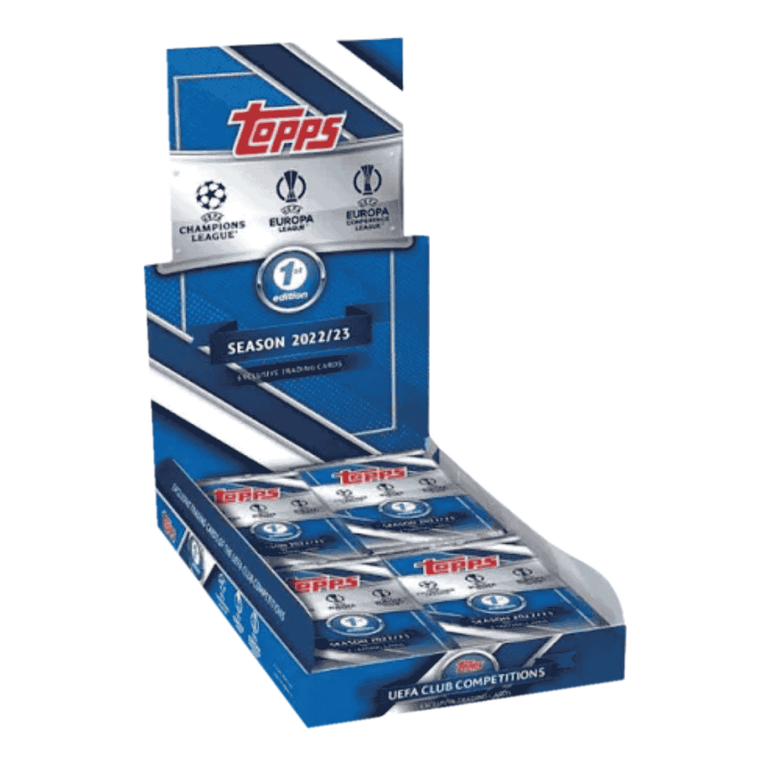 A 2022-23 Topps UEFA Club Competitions 1st Edition soccer hobby box containing trading card packs.