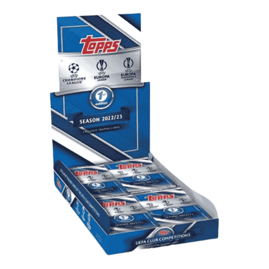A 2022-23 Topps UEFA Club Competitions 1st Edition soccer hobby box containing trading card packs.