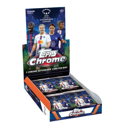 A 2022-23 Topps UEFA Women's Champions League Chrome soccer hobby box with packs inside.