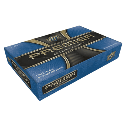 A 2022-23 Upper Deck Premier Hockey hobby box featuring blue and black branding.