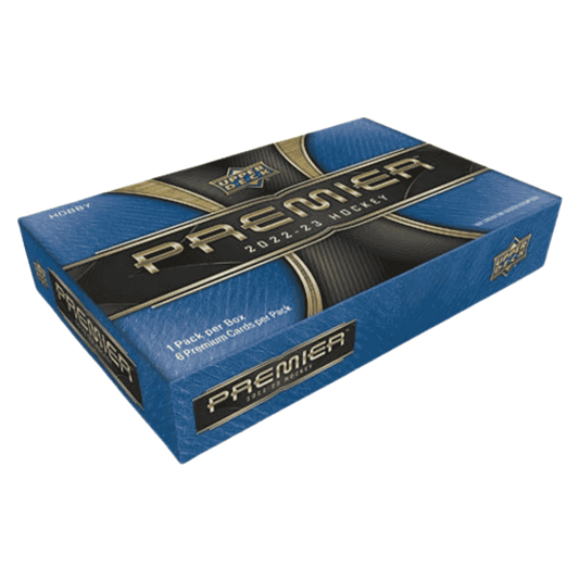 A 2022-23 Upper Deck Premier Hockey hobby box featuring blue and black branding.