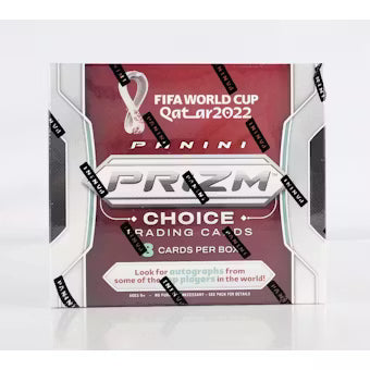 A 2022 Panini Prizm World Cup Soccer Choice trading card box on a white background.